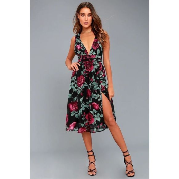 Lulus Dresses & Skirts - Lulu’s Queen of Hearts Black and Burgundy Floral Print Midi Dress